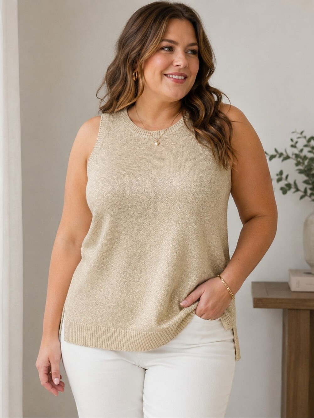 LOFT XL Metallic Gold Sleeveless Sweater Tank NWT Shimmer Knit Top